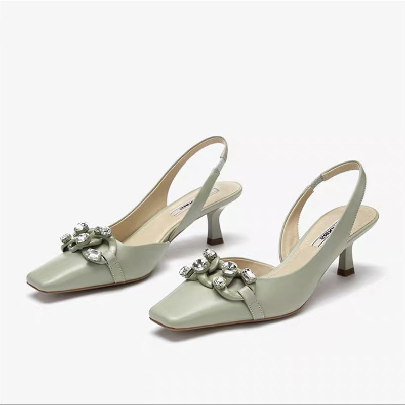 Rhinestone Square-Toe Low Heel Sandals
