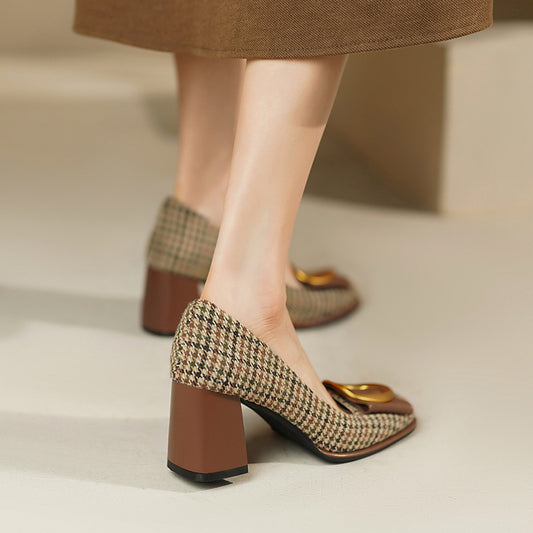 Gold Bow Block Heel Pumps