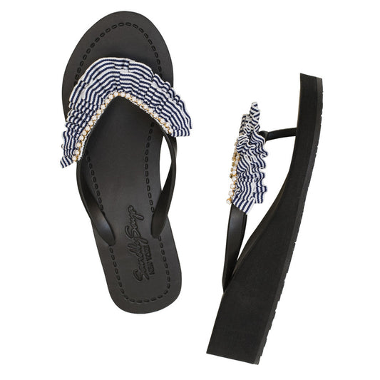 Rockaway Stripe Rhinestone Ruffle Wedge Flip Flops