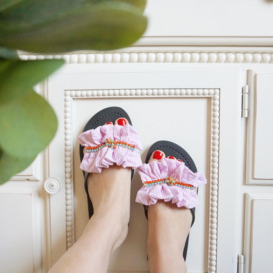 Pink Hudson Stripe Ruffle Flip Flops