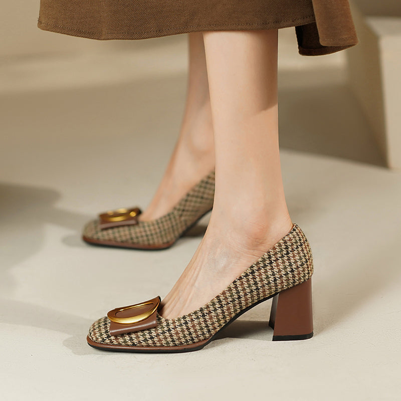 Gold Bow Block Heel Pumps