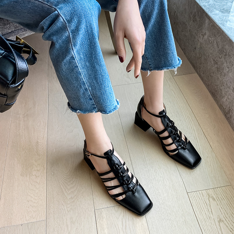 Lace-Up Square Toe Block Heel Sandals