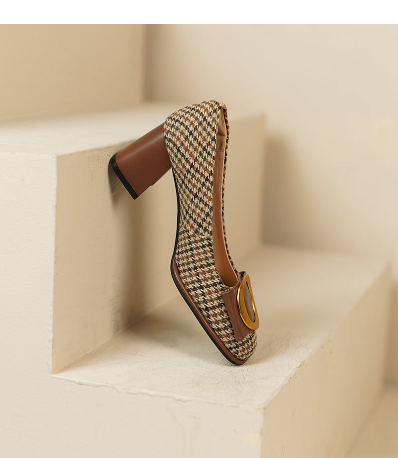 Gold Bow Block Heel Pumps