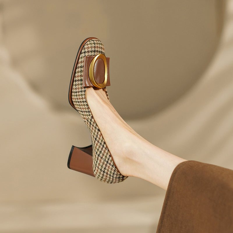 Gold Bow Block Heel Pumps