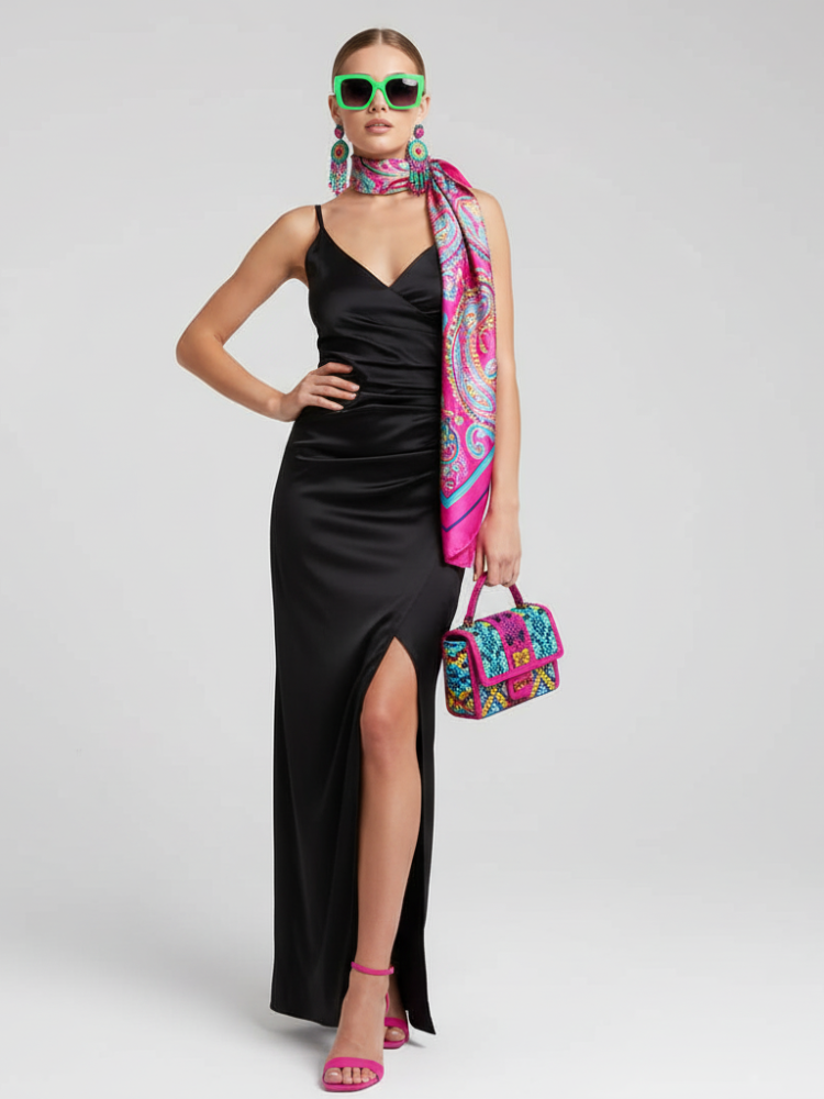 Black Backless V-Neck Slit Dress for Women, Fitted, Greenwich Village
