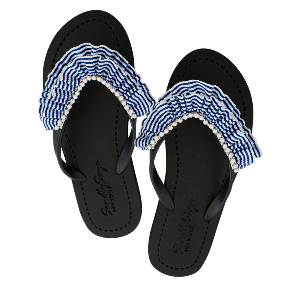 Rockaway Stripe Ruffle Embellished Flip Flops