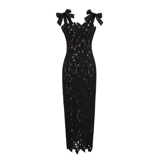 Black Floral Lace Midi Dress