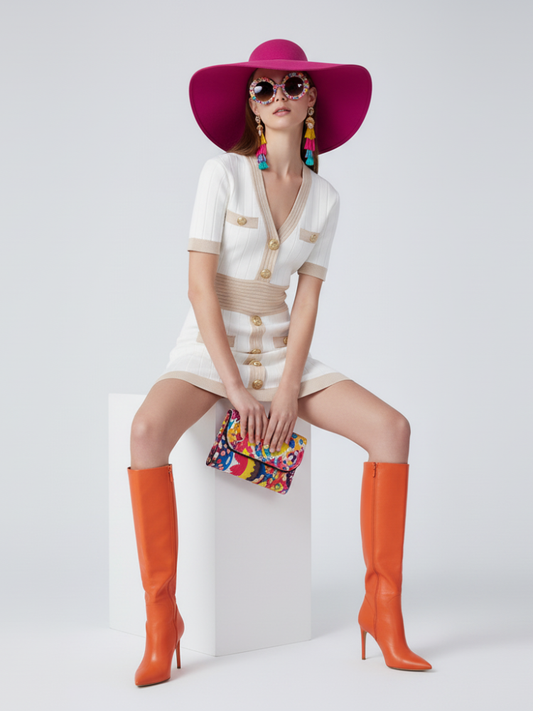 Ice Silk Knit Dress With Gold Buckle for Women, V-Neck, Upper East Side