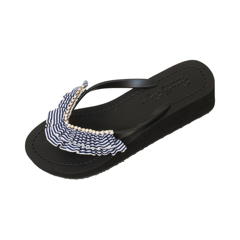 Rockaway Stripe Rhinestone Ruffle Wedge Flip Flops