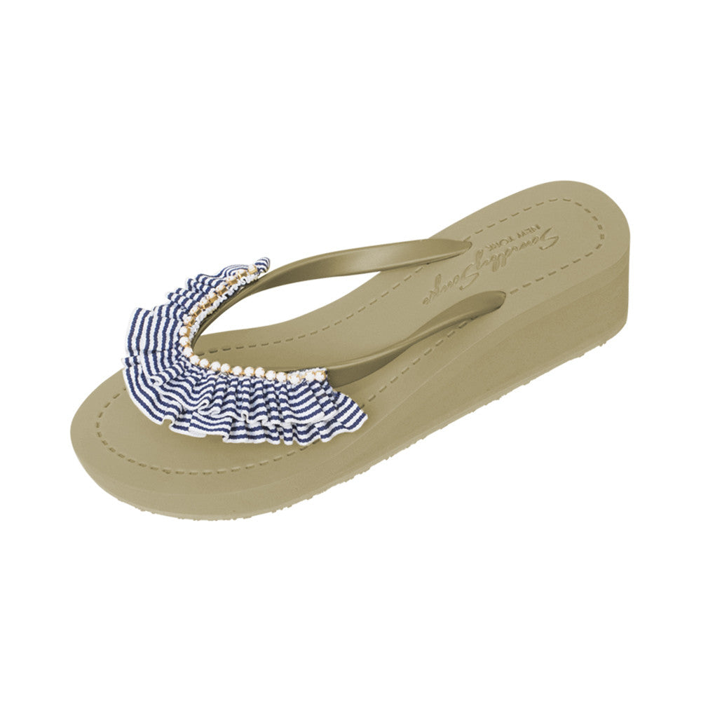 Rockaway Stripe Rhinestone Ruffle Wedge Flip Flops