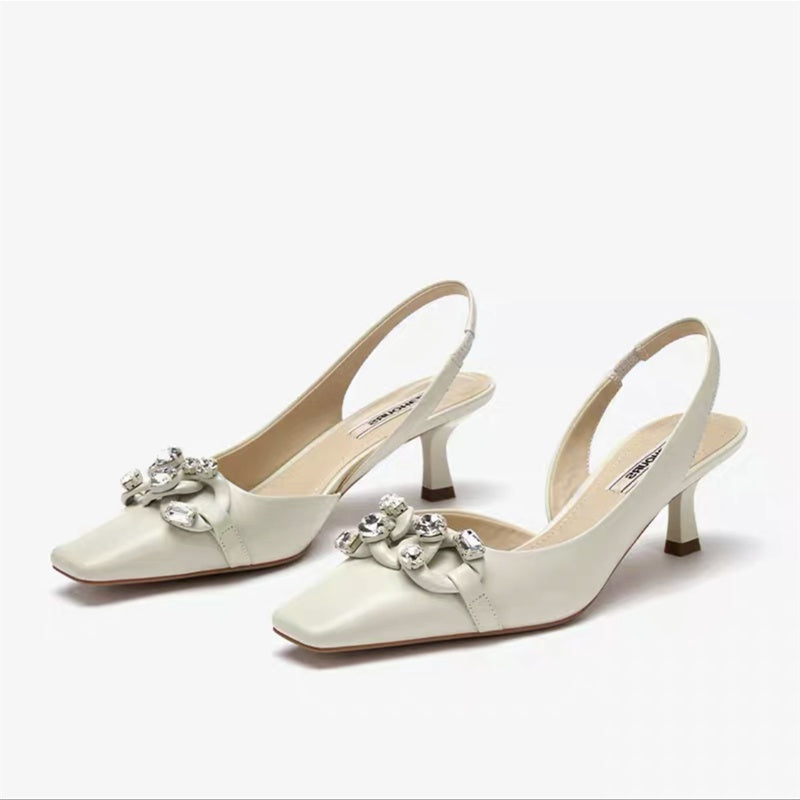 Rhinestone Square-Toe Low Heel Sandals