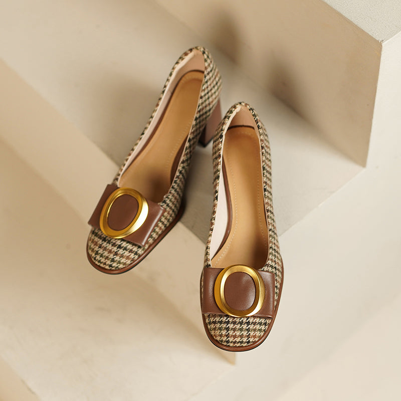 Gold Bow Block Heel Pumps