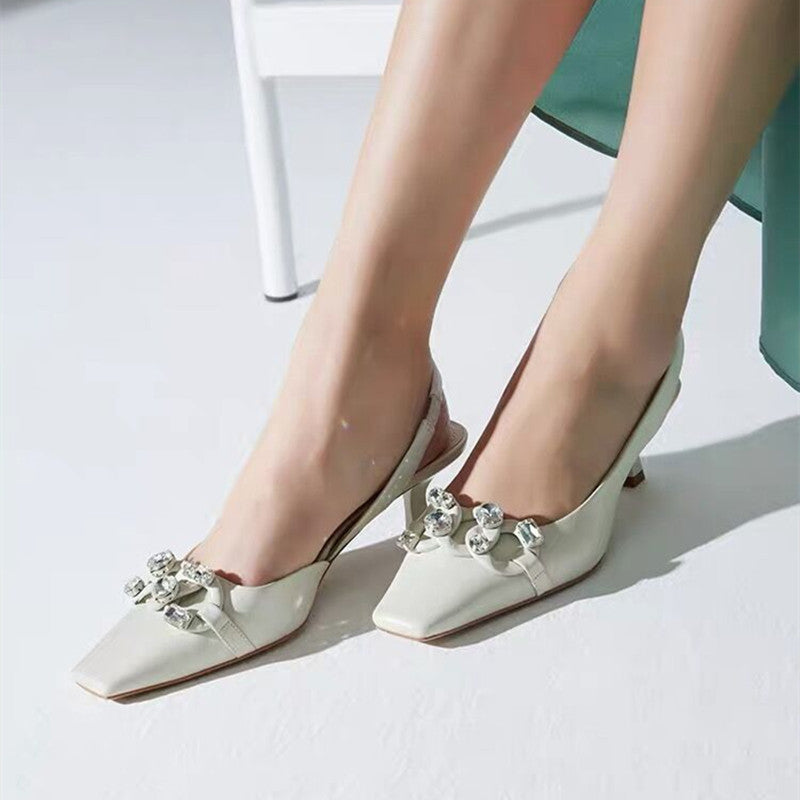 Rhinestone Square-Toe Low Heel Sandals