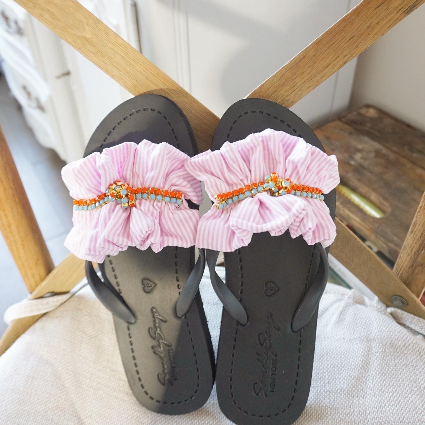 Pink Hudson Stripe Ruffle Flip Flops