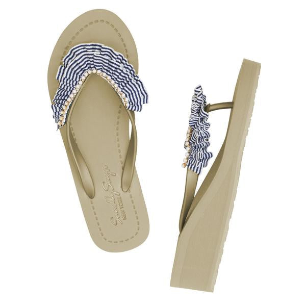 Rockaway Stripe Rhinestone Ruffle Wedge Flip Flops